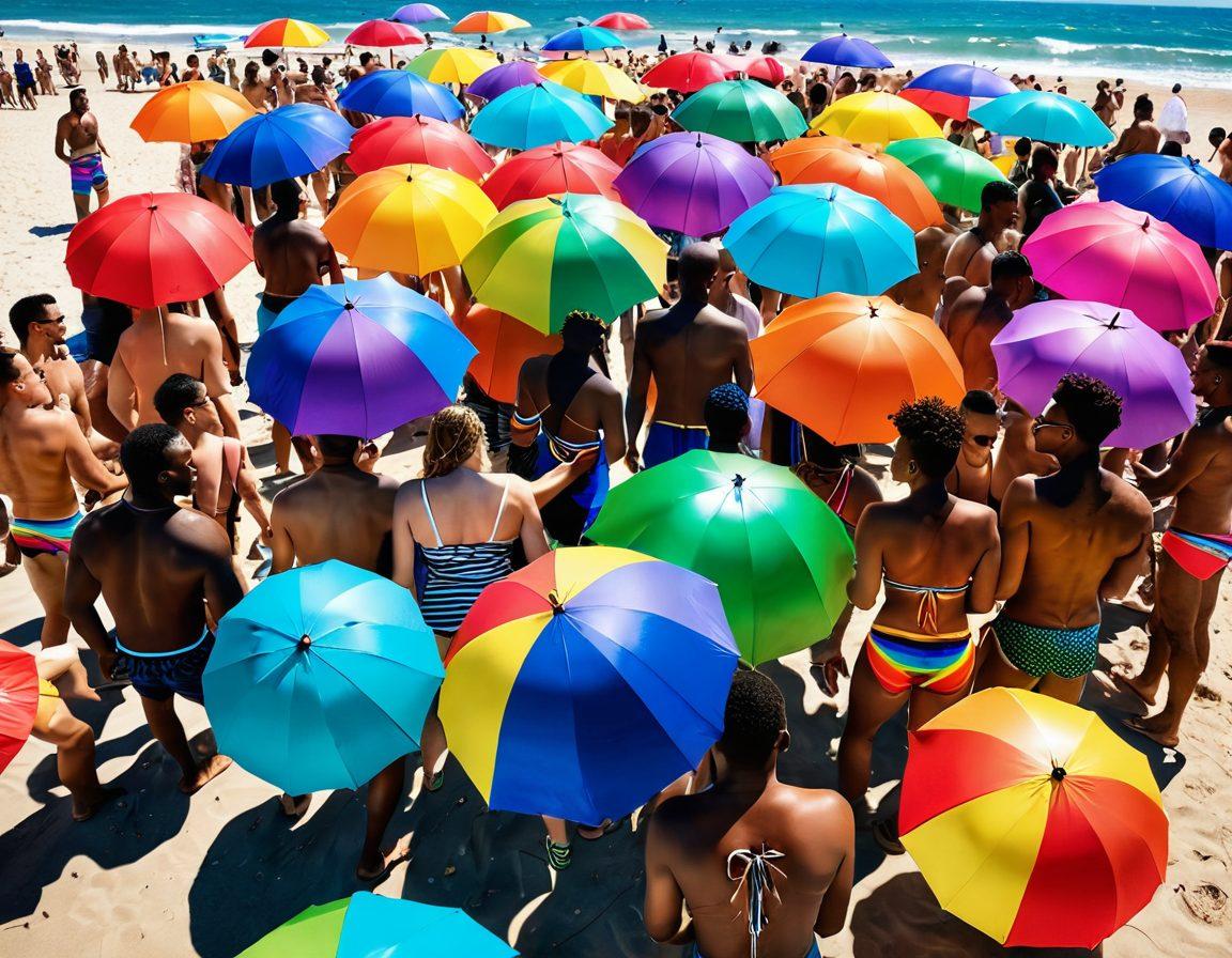 A vibrant beach scene showcasing a diverse group of people enjoying summer while wearing colorful, stylish gay pride swimwear. Incorporate elements such as sun umbrellas in rainbow colors, beach balls, and a sparkling ocean in the background, with a warm sun shining brightly. Capture the joy, inclusivity, and celebration of LGBTQ+ pride with a lively atmosphere. super-realistic. vibrant colors. bright blue sky.